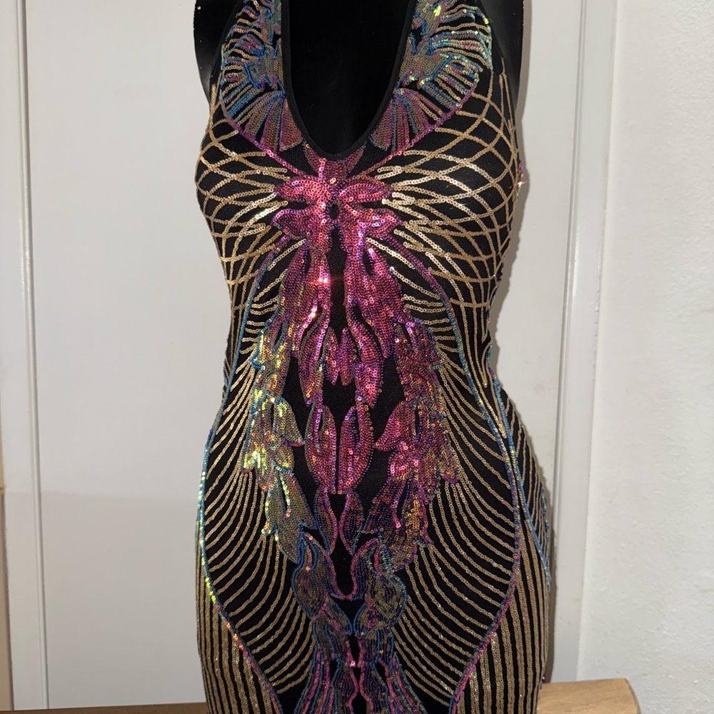 Fashion Nova Black and Gold Bodycon Dress Plunge Neckline